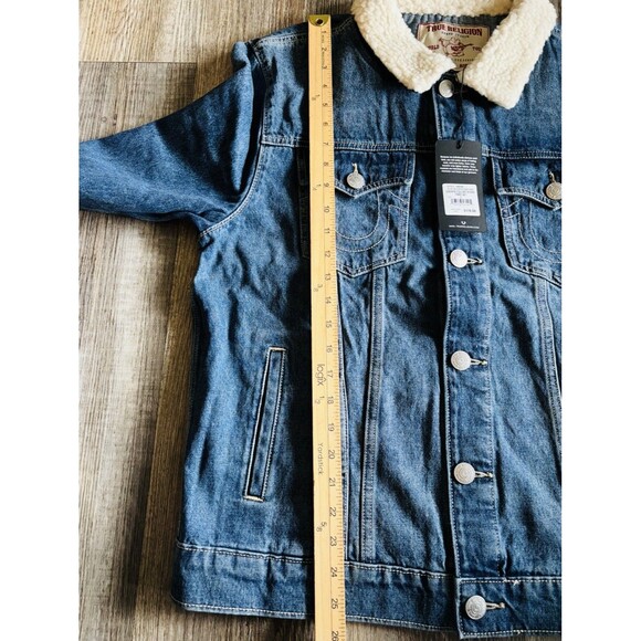 True Religion Sherpa Collar Denim Blizzard Wash  Western Trucker Jacket Large - Picture 6 of 8